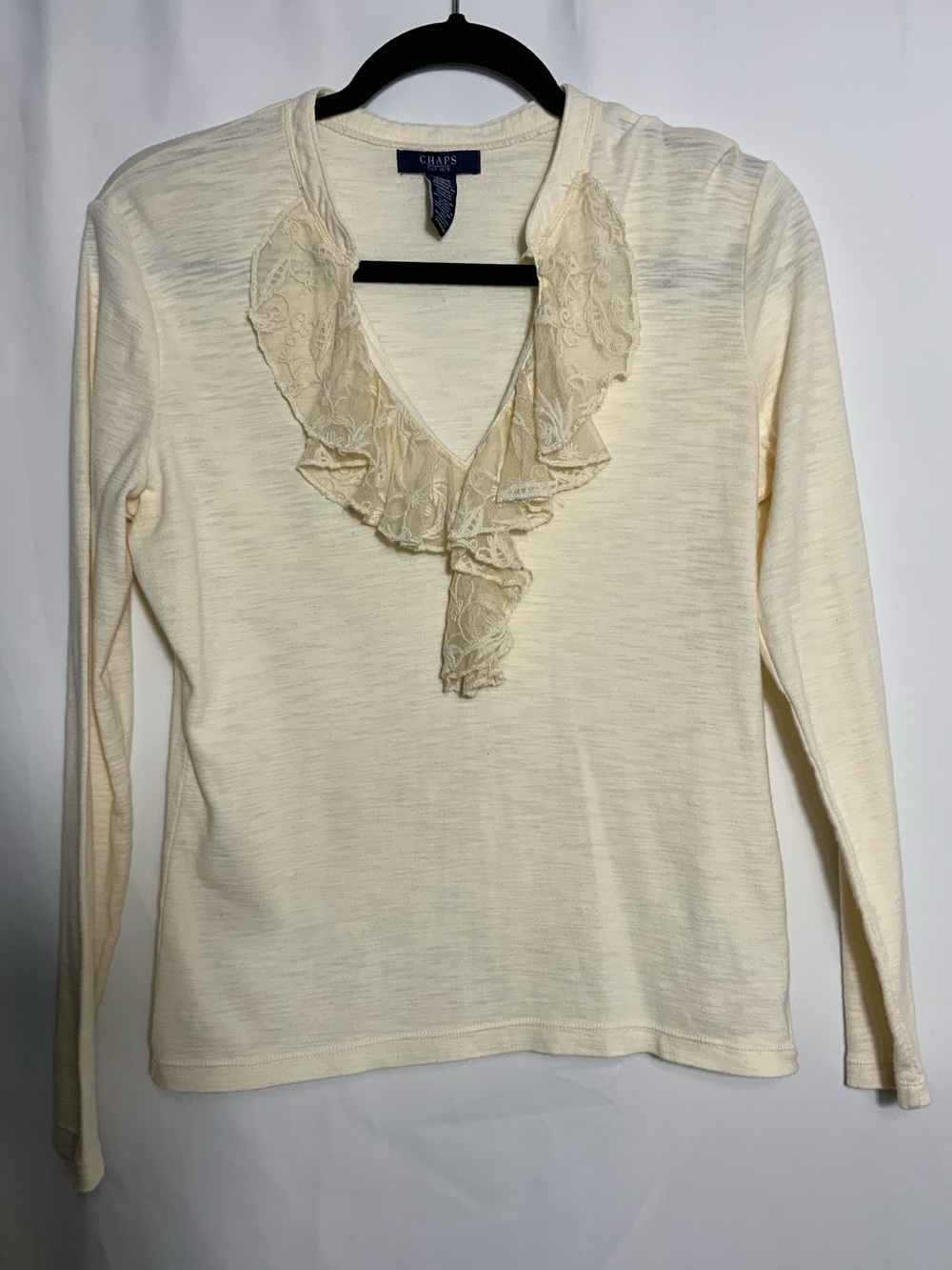 Chaps Cream Lace Ruffle V-Neck Long Sleeve Top
